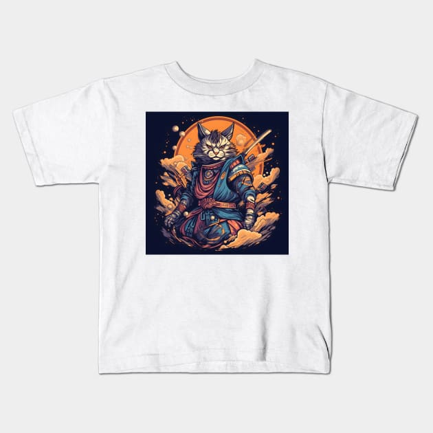 Samurai Kitty Cat Kids T-Shirt by pako-valor